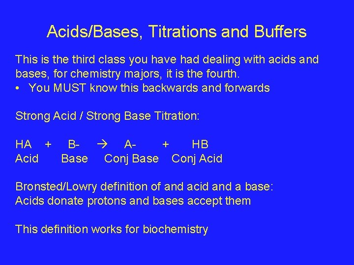 Acids/Bases, Titrations and Buffers This is the third class you have had dealing with Acids/Bases, Titrations and Buffers This is the third class you have had dealing with