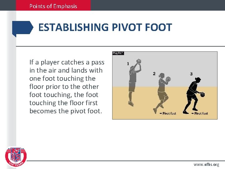 Points of Emphasis ESTABLISHING PIVOT FOOT If a player catches a pass in the