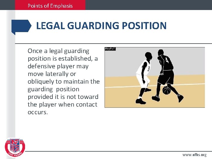 Points of Emphasis LEGAL GUARDING POSITION Once a legal guarding position is established, a
