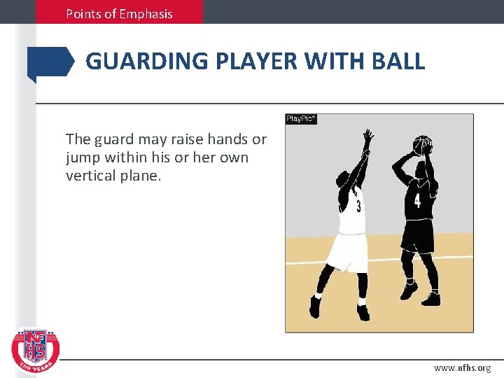 Points of Emphasis GUARDING PLAYER WITH BALL The guard may raise hands or jump