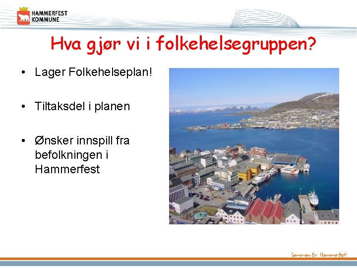 Hva gjør vi i folkehelsegruppen? • Lager Folkehelseplan! • Tiltaksdel i planen • Ønsker