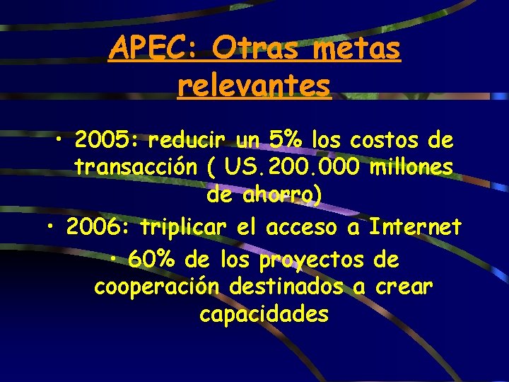 APEC: Otras metas relevantes • 2005: reducir un 5% los costos de transacción (