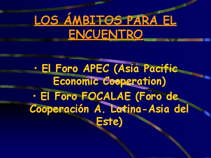 LOS ÁMBITOS PARA EL ENCUENTRO • El Foro APEC (Asia Pacific Economic Cooperation) •
