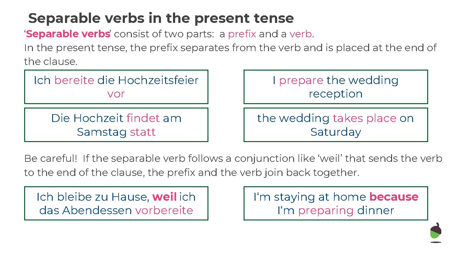 Separable verbs in the present tense ‘Separable verbs’ consist of two parts: a prefix