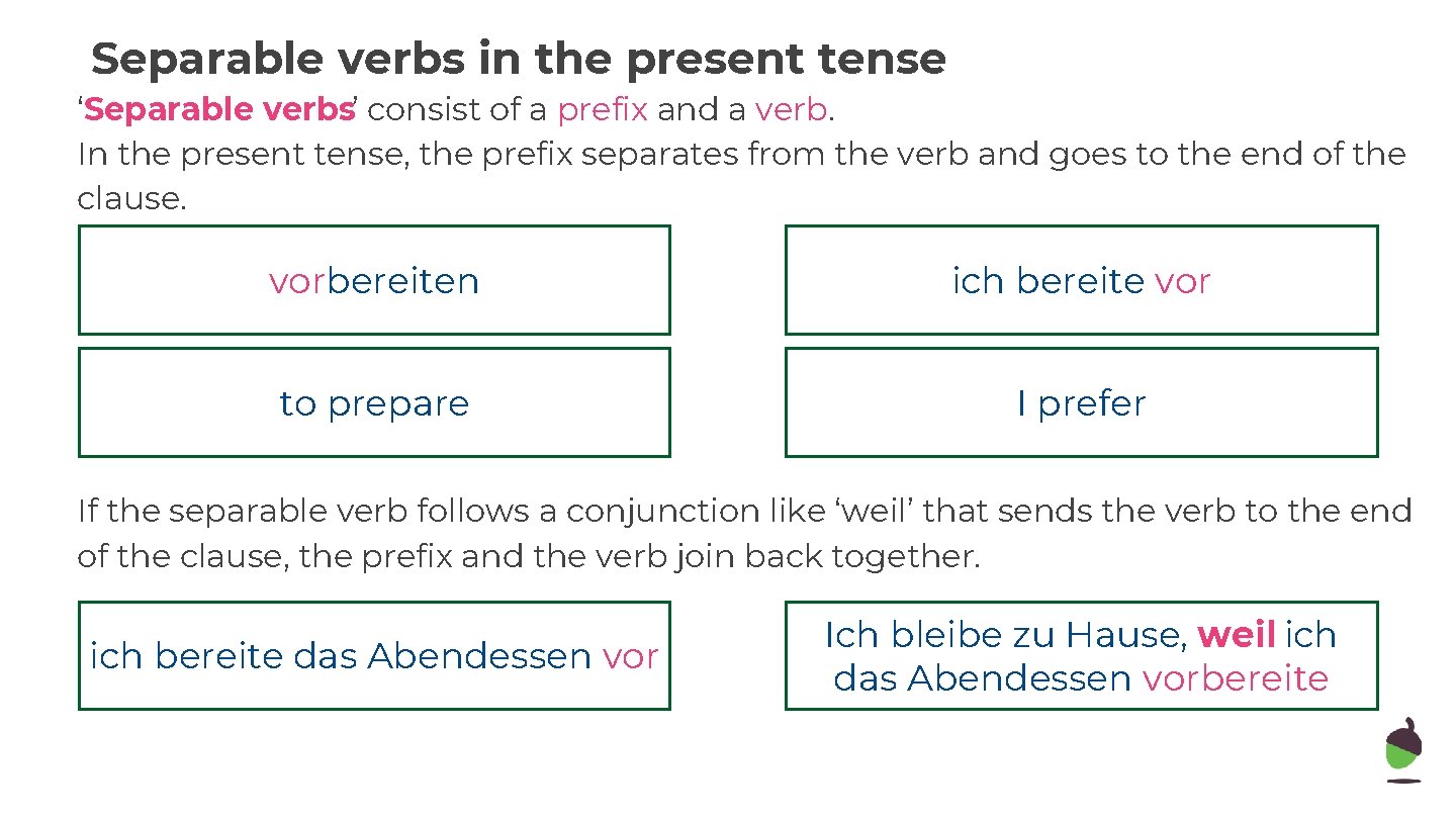 Separable verbs in the present tense ‘Separable verbs’ consist of a prefix and a