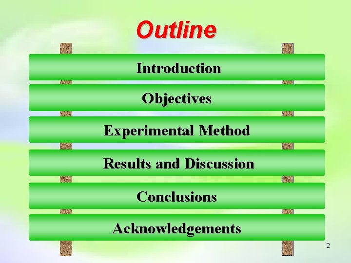 Outline Introduction Objectives Experimental Method Results and Discussion Conclusions Acknowledgements 2 