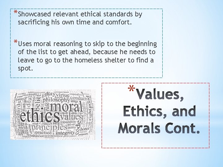 *Showcased relevant ethical standards by sacrificing his own time and comfort. *Uses moral reasoning