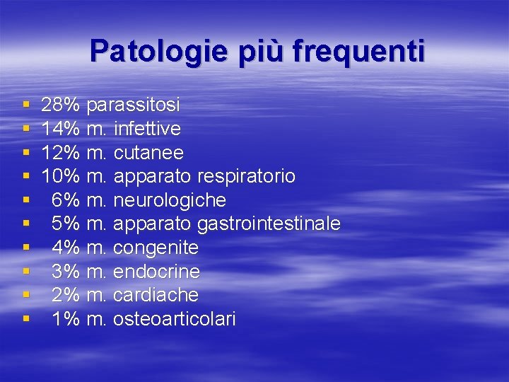 Patologie più frequenti § § § § § 28% parassitosi 14% m. infettive 12%