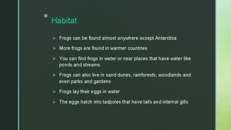 z Habitat Ø Frogs can be found almost anywhere except Antarctica Ø More frogs