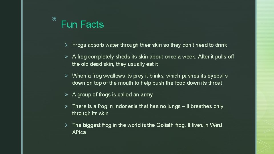 z Fun Facts Ø Frogs absorb water through their skin so they don’t need