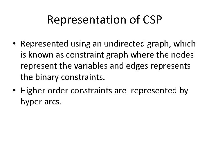 Representation of CSP • Represented using an undirected graph, which is known as constraint