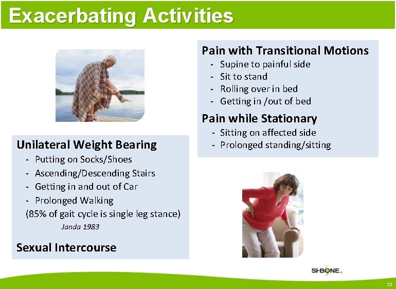 Exacerbating Activities Pain with Transitional Motions - Supine to painful side Sit to stand