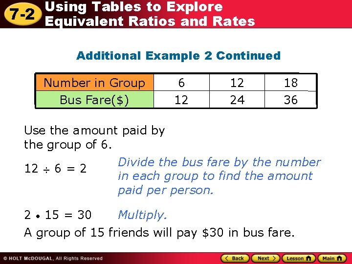 Using Tables to Explore 7 -2 Equivalent Ratios and Rates Additional Example 2 Continued