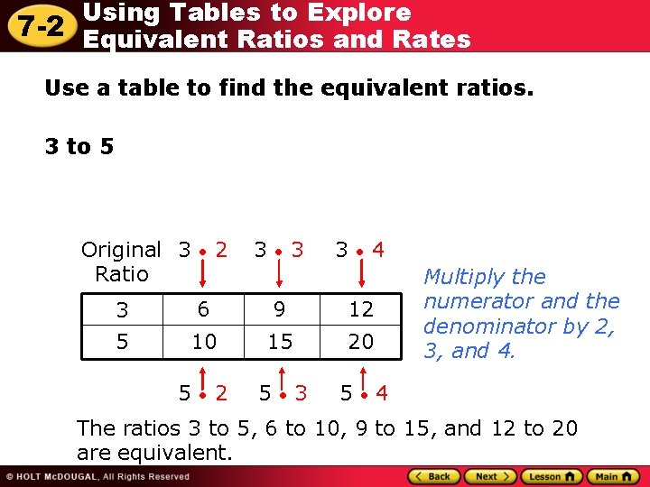 Using Tables to Explore 7 -2 Equivalent Ratios and Rates Use a table to