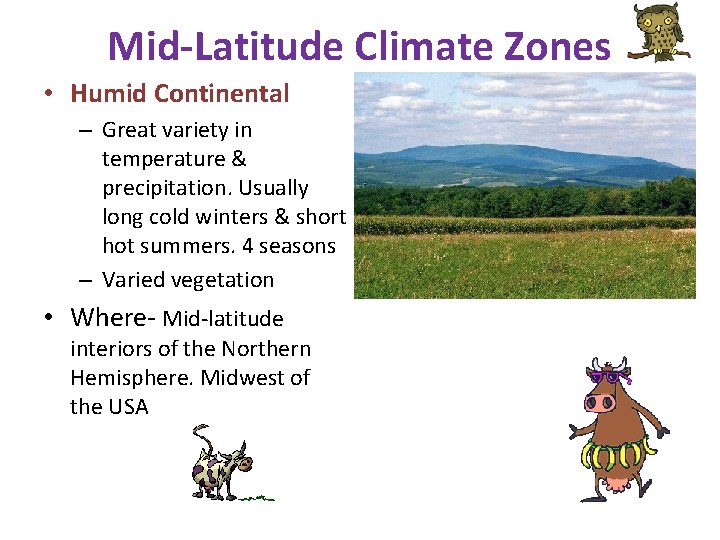 Mid-Latitude Climate Zones • Humid Continental – Great variety in temperature & precipitation. Usually