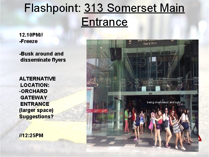 Flashpoint: 313 Somerset Main Entrance 12. 10 PM// -Freeze -Busk around and disseminate flyers