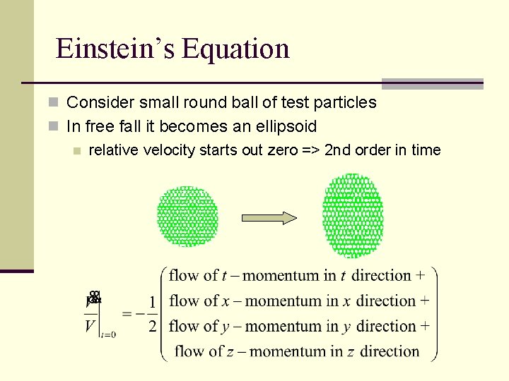 Einstein’s Equation n Consider small round ball of test particles n In free fall