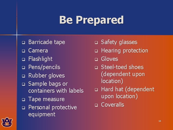 Be Prepared q q q q Barricade tape Camera Flashlight Pens/pencils Rubber gloves Sample