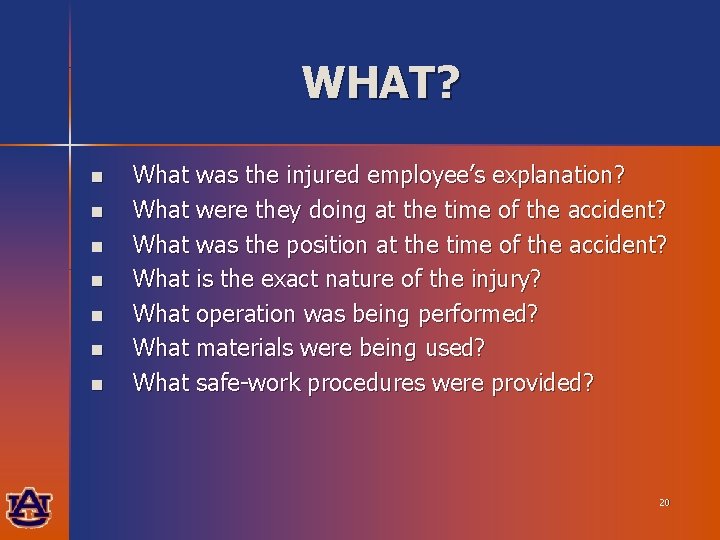 WHAT? n n n n What was the injured employee’s explanation? What were they
