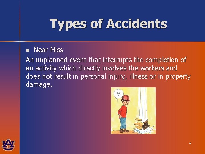 Types of Accidents Near Miss An unplanned event that interrupts the completion of an