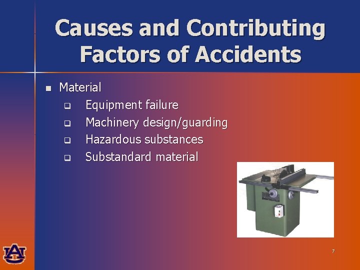 Causes and Contributing Factors of Accidents n Material q Equipment failure q Machinery design/guarding