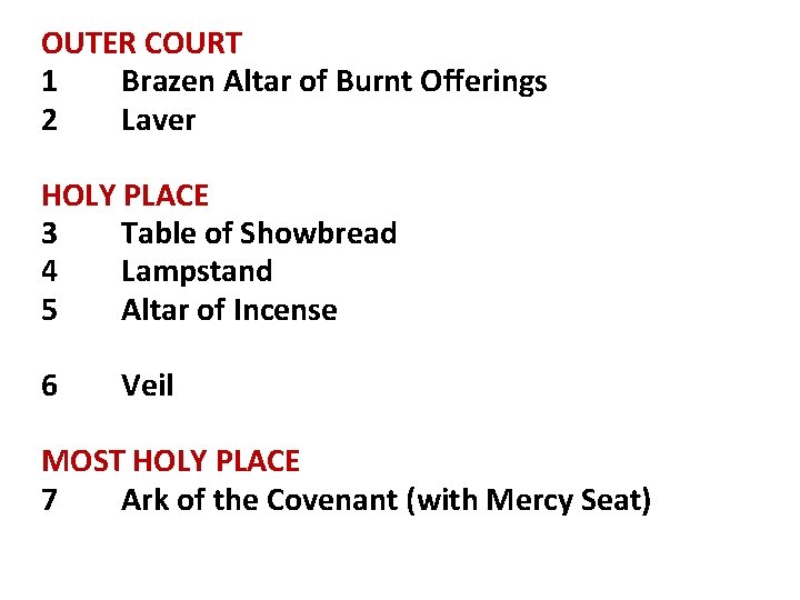 OUTER COURT 1 Brazen Altar of Burnt Offerings 2 Laver HOLY PLACE 3 Table