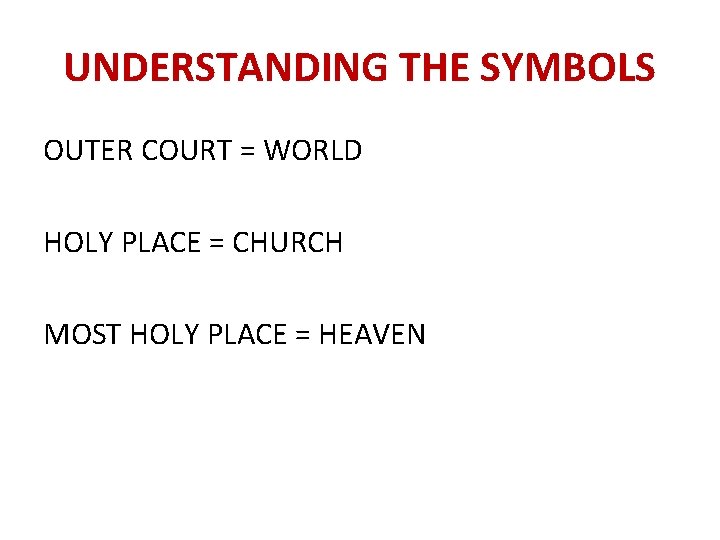 UNDERSTANDING THE SYMBOLS OUTER COURT = WORLD HOLY PLACE = CHURCH MOST HOLY PLACE