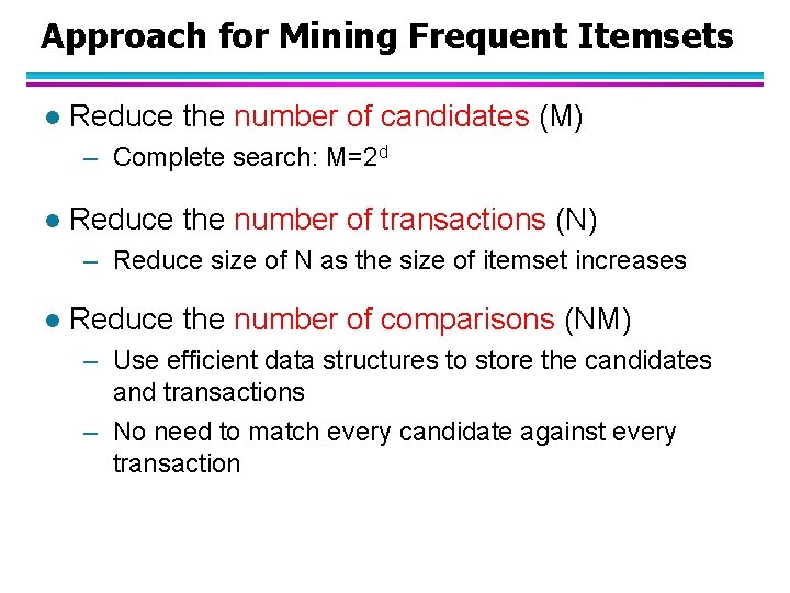 Approach for Mining Frequent Itemsets l Reduce the number of candidates (M) – Complete