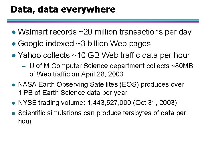 Data, data everywhere Walmart records ~20 million transactions per day l Google indexed ~3