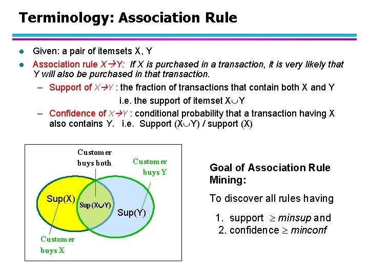 Terminology: Association Rule l l Given: a pair of itemsets X, Y Association rule