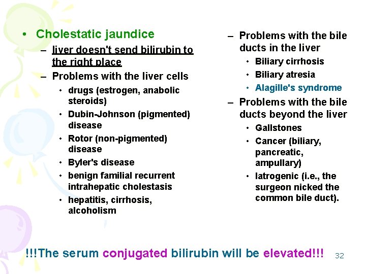  • Cholestatic jaundice – liver doesn't send bilirubin to the right place –