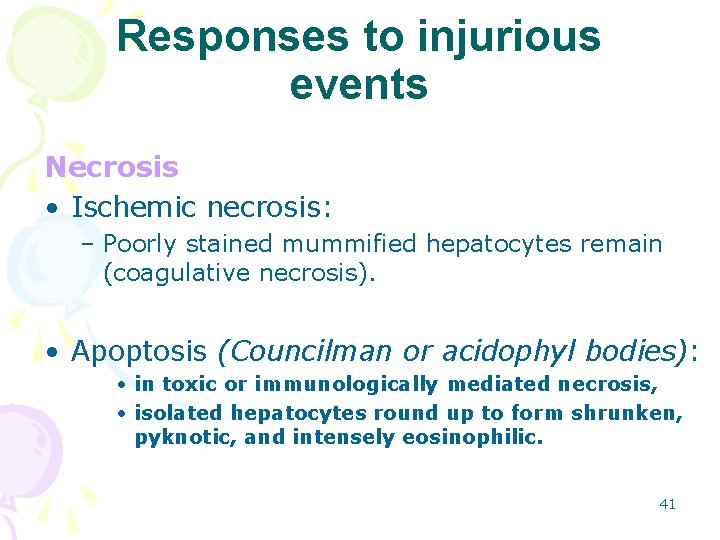 Responses to injurious events Necrosis • Ischemic necrosis: – Poorly stained mummified hepatocytes remain