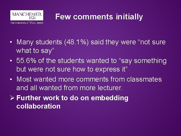 Few comments initially • Many students (48. 1%) said they were “not sure what