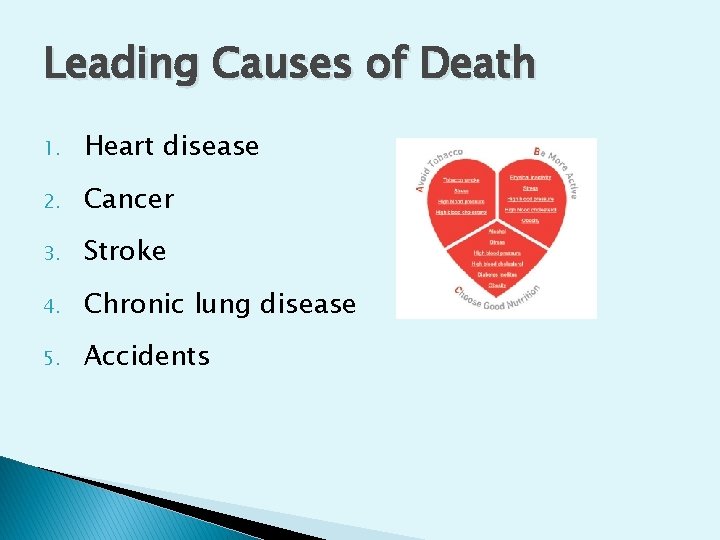 Leading Causes of Death 1. Heart disease 2. Cancer 3. Stroke 4. Chronic lung