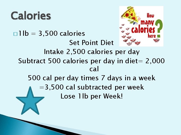 Calories � 1 lb = 3, 500 calories Set Point Diet Intake 2, 500