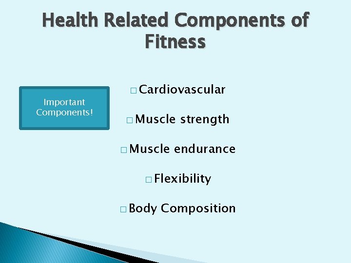 Health Related Components of Fitness Important Components! � Cardiovascular � Muscle strength endurance �