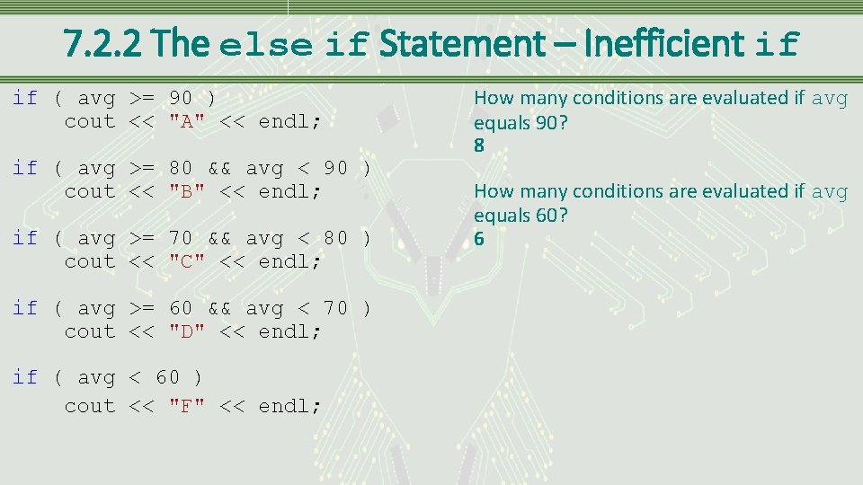 7. 2. 2 The else if Statement – Inefficient if if ( avg >=
