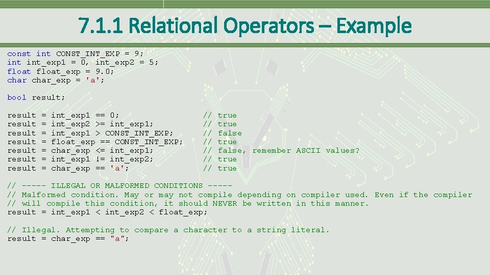 7. 1. 1 Relational Operators – Example const int CONST_INT_EXP = 9; int_exp 1