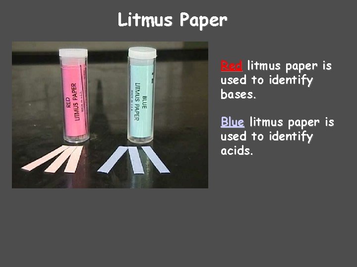 Litmus Paper Red litmus paper is used to identify bases. Blue litmus paper is