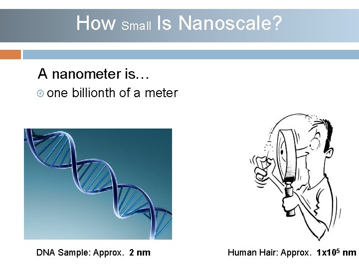 How Small Is Nanoscale? A nanometer is… one billionth of a meter DNA Sample: