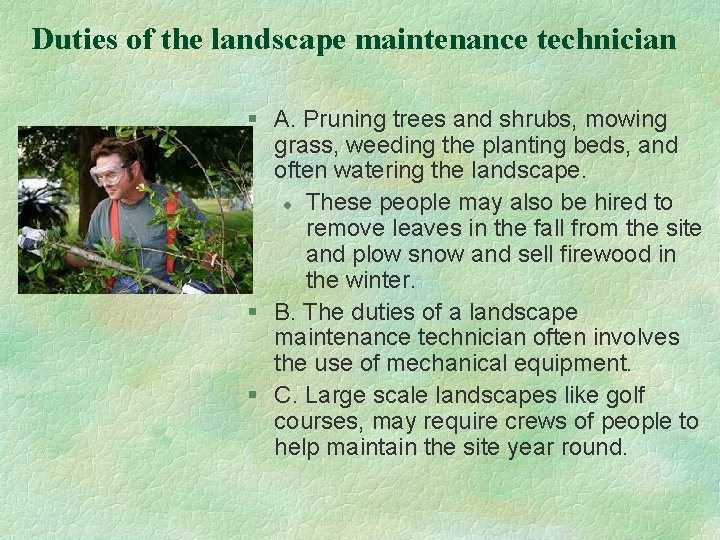 Duties of the landscape maintenance technician § A. Pruning trees and shrubs, mowing grass,