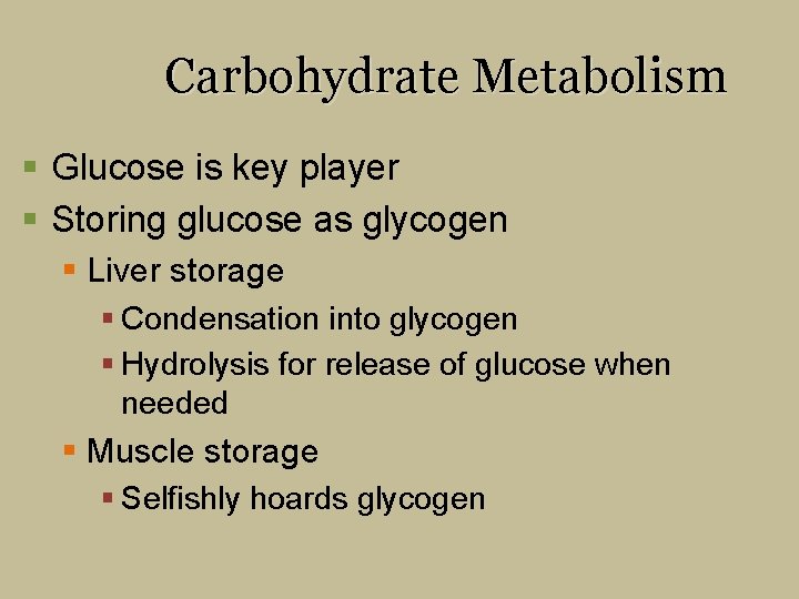Carbohydrate Metabolism § Glucose is key player § Storing glucose as glycogen § Liver