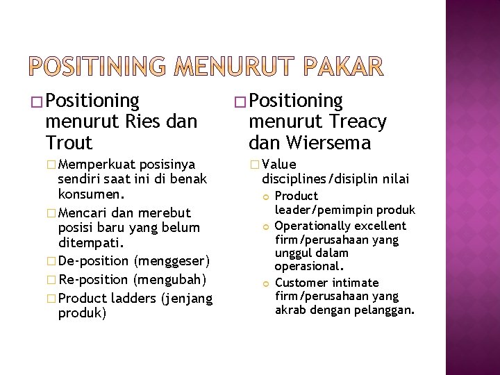 � Positioning menurut Ries dan Trout � Memperkuat posisinya sendiri saat ini di benak