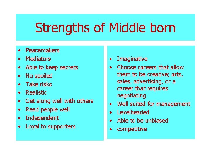 Strengths of Middle born • • • Peacemakers Mediators Able to keep secrets No