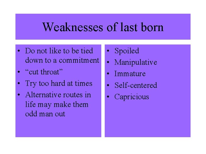 Weaknesses of last born • Do not like to be tied down to a