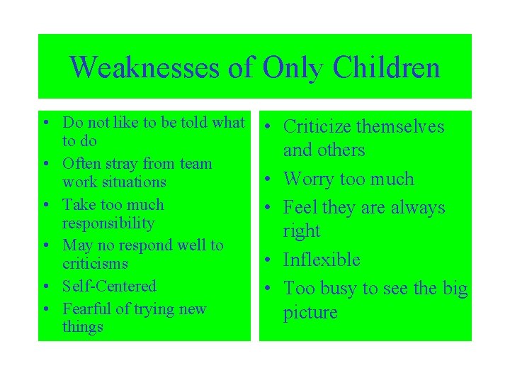 Weaknesses of Only Children • Do not like to be told what to do