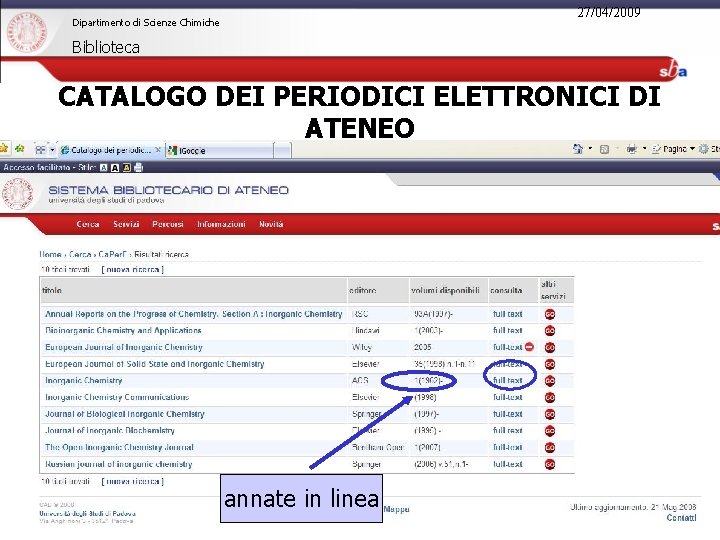 27/04/2009 Dipartimento di Scienze Chimiche Biblioteca CATALOGO DEI PERIODICI ELETTRONICI DI ATENEO annate in