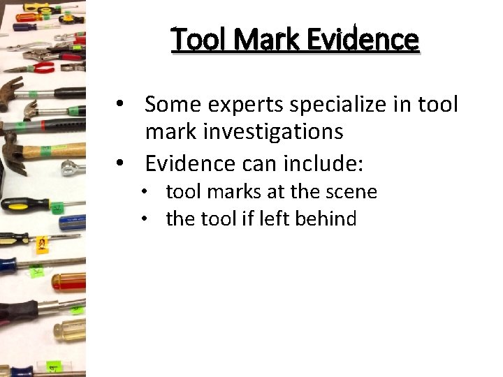 Tool Mark Evidence • Some experts specialize in tool mark investigations • Evidence can Tool Mark Evidence • Some experts specialize in tool mark investigations • Evidence can