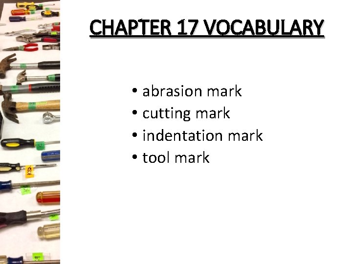 CHAPTER 17 VOCABULARY • abrasion mark • cutting mark • indentation mark • tool CHAPTER 17 VOCABULARY • abrasion mark • cutting mark • indentation mark • tool