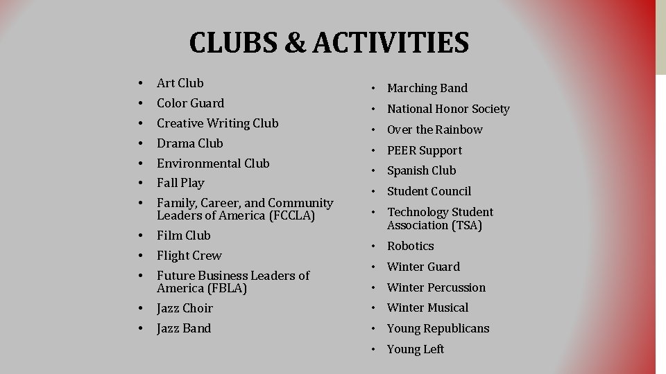 CLUBS & ACTIVITIES • • Art Club • • • Film Club • •